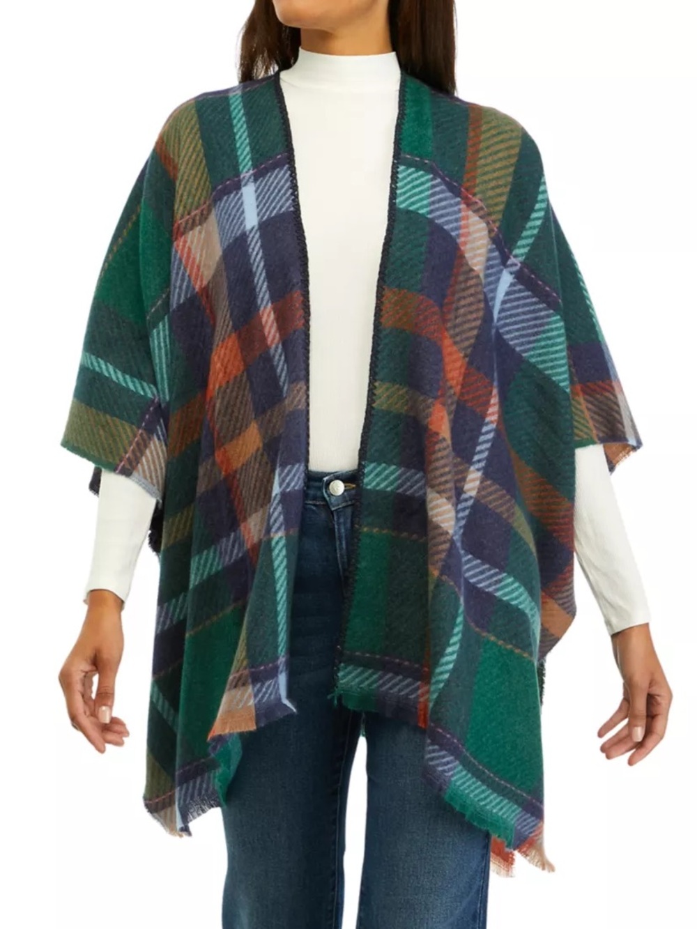 Vince Camuto Women’s OS Plaid Ruana Wrap Shawl Green Navy Orange Fringe